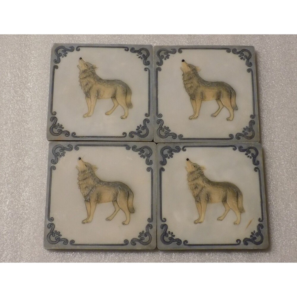 Lot Of 4 Wolf Marble Stoneware Coasters Set